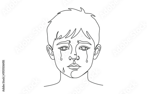 Continuous one line drawing of a melancholic young boy sitting in deep contemplation.