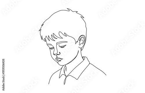 Continuous one line drawing of a melancholic young boy sitting in deep contemplation.