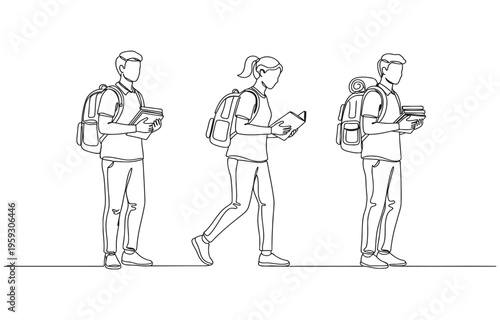 One continuous line drawing of female student standing with backpack on her back & holding books in her hand.