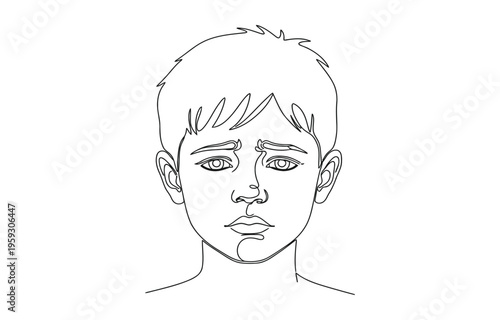 Continuous one line drawing of a melancholic young boy sitting in deep contemplation.