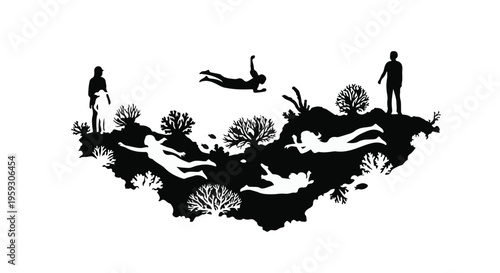 Silhouettes of people swimming and exploring a vibrant underwater coral reef.