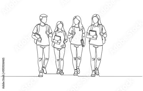 One continuous line drawing of female student standing with backpack on her back & holding books in her hand.