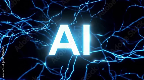 Glowing “AI” text forming from neural network lines, dark background, cinematic lighting. Abstract visualization of interconnected glowing lines representing a digital AI neural network.
