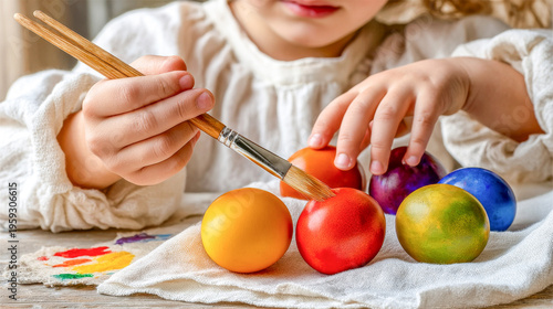 Creative child paints colorful eggs with a gentle brush during a joyful spring afternoon filled with laughter and artistic expression