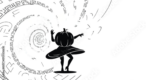 Whimsical dancing pumpkin character with swirling abstract background, celebrating autumn