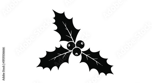 Simple black silhouette of holly leaves and berries on a white background, a classic winter holiday symbol.
