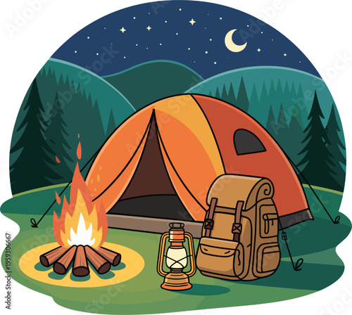 Camping scene with tent campfire backpack and lantern in nature landscape vector on white background.