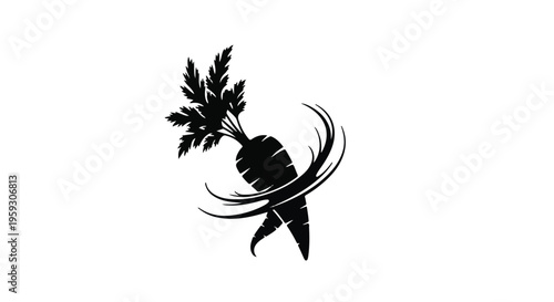 Whimsical black silhouette of a carrot with swirling leaves suggesting freshness and vitality.