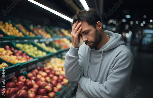 Stressed young man standing in a supermarket produce aisle feeling overwhelmed by high food prices and inflation