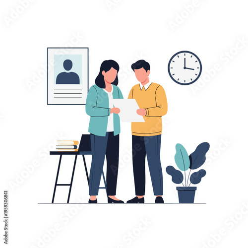 Two professionals discussing documents in an office setting on white background