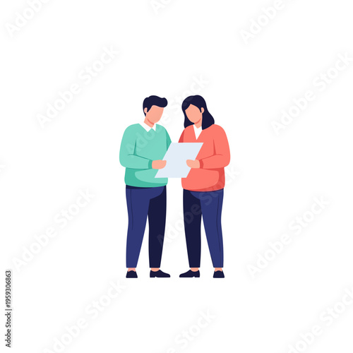 Two colleagues discussing documents and data on white background