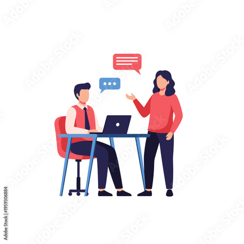 Businesswoman discussing project with colleague at desk on white background