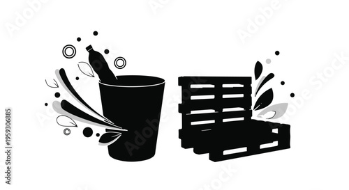 Recycling concept with waste bin and wooden pallet illustrations