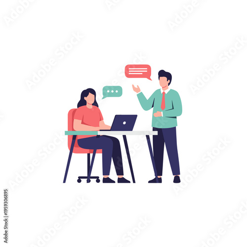 Business colleagues discuss project details and collaborate on a laptop on white background