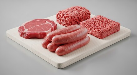 Fresh raw meat assortment ground beef, sausages, and pork chops, captured in detailed culinary photos