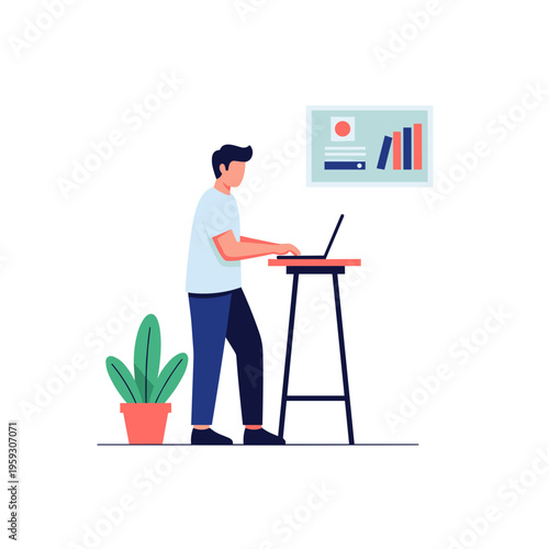 Man working on laptop at standing desk with plant on white background