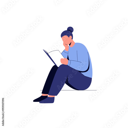 Thoughtful woman sitting and reading a book on white background