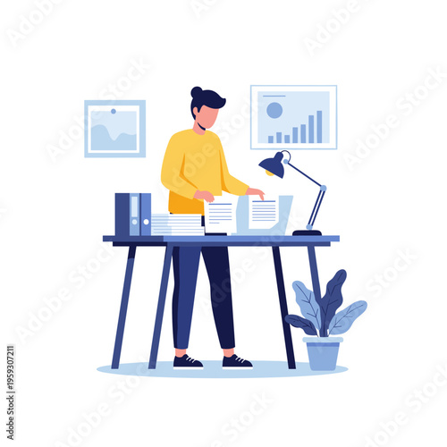 Man working on laptop and paperwork at a desk with office supplies on white background