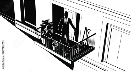Man in suit contemplating from balcony with plants and tools