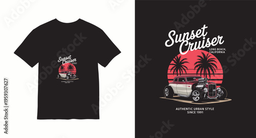 Sunset cruiser vintage hot rod car and palm trees retro design