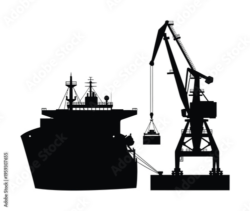 Vector featuring a cargo ship and crane actively loading a container in a port setting