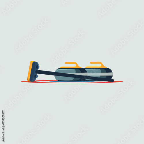 Curling equipment set with granite stones and broom on ice rink target