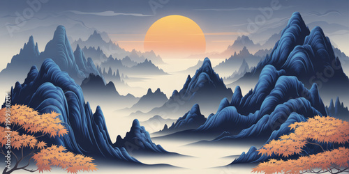 Chinese landscape, mountain range, sunset, vector illustration, Asian-inspired scenery