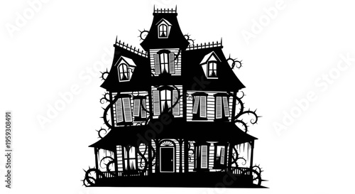Silhouette of Haunted Victorian Mansion Overgrown with Spiky Thorny Vines