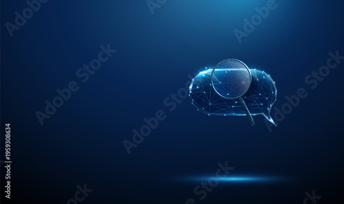 3d speech bubble and magnifying glass Message analysis, communication monitoring, chat review, customer support analytics, information search in conversations concept.