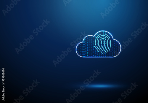 3d blue data cloud with fingerprint inside. Biometric cloud security, identity verification, personal data protection, digital privacy, passwordless access concept.