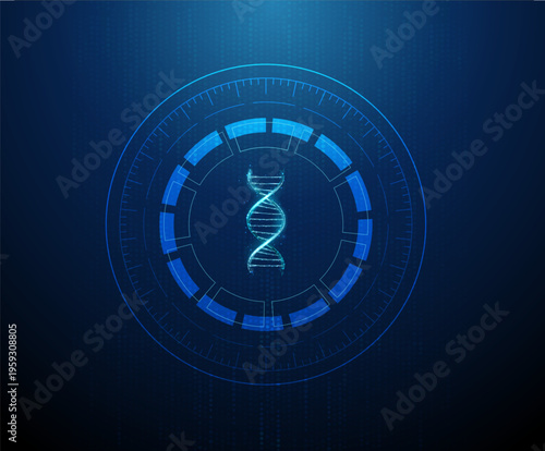 Blue 3d DNA helix within circular structures forming an abstract digital background. Genetic visualization, biotechnology, data-driven bioinformatics, futuristic science illustration concept