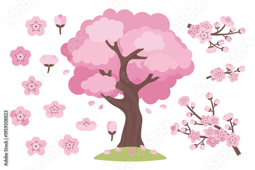 Pink sakura tree with branches and blossoms in flat vector style. Ideal for spring designs, posters, greeting cards, social media, and seasonal decorations.