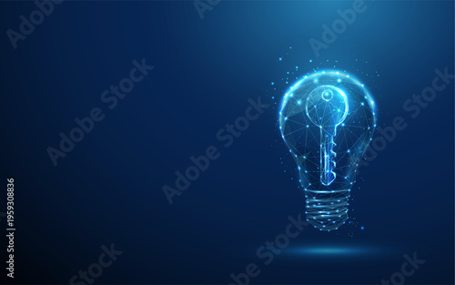 3d light bulb with digital key inside. Idea access, innovation unlocking, problem solving insight, invention activation, AI innovation, intelligent technology support concept.