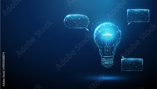 3d light bulb surrounded by speech bubbles. Idea generation, brainstorming, creativity, discussion, innovation, collaborative thinking, feedback, inspiration concept.