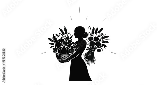 Silhouette of a woman holding a basket overflowing with fresh harvest fruits and vegetables