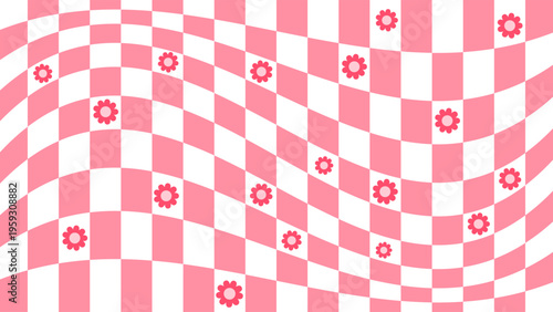 Psychedelic checkerboard flowers pattern. Hippie retro trippy abstract checkered wallpaper in 70s print