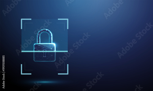 3d padlock inside digital scanning frame. Vulnerability detection, access control verification, cybersecurity monitoring, threat assessment, encryption inspection concept