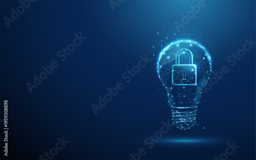 3d blue light bulb with padlock inside. Secure ideas, intellectual property protection, innovation safety, confidential concept,digital security for ideas concept.