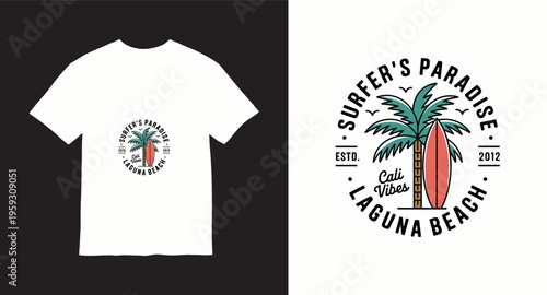 Surfers paradise laguna beach t-shirt design with palm tree and surfboard