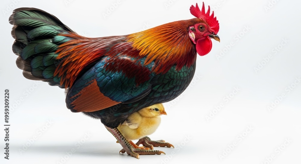 Fototapeta premium Vibrant Multi-Colored Rooster with Small Yellow Chick on White Background