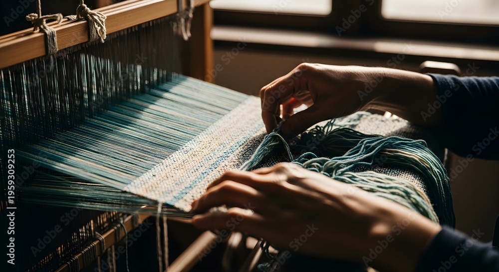 Obraz premium Skilled artisan's hands meticulously crafting intricate textile patterns on a traditional wooden loom, showcasing the beauty of handmade fabric and cultural heritage