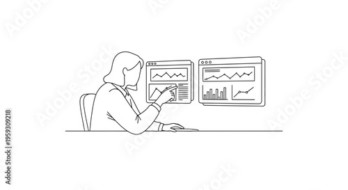 Businesswoman analyzing financial charts on multiple computer screens.