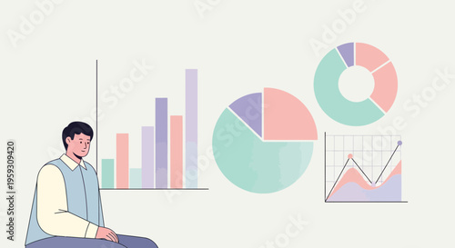 Man analyzing financial data with charts and graphs.