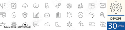 Flat line vector DevOps icon set showing automation, CI/CD pipeline, and software development operations concepts in clean minimal style. Perfect for IT, cloud computing, and software engineering desi