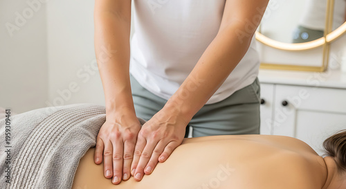 Therapist's hands massaging lower back of unclothed person lying on massage table