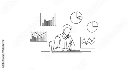 Man contemplating business charts and graphs illustration.