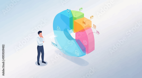 Man contemplating a colorful 3D pie chart representing business data analysis.