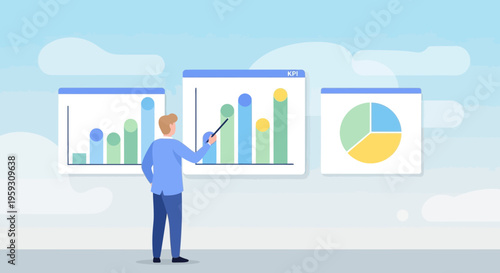 Man presenting financial data charts and graphs.