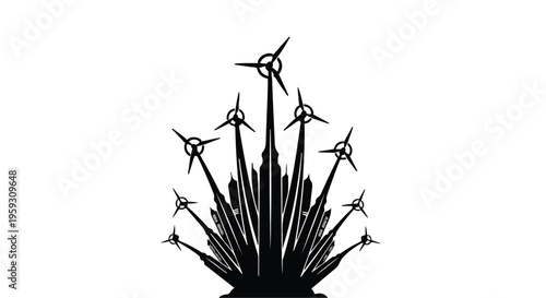 Futuristic energy turbines rise like a blooming flower against a clean white background.