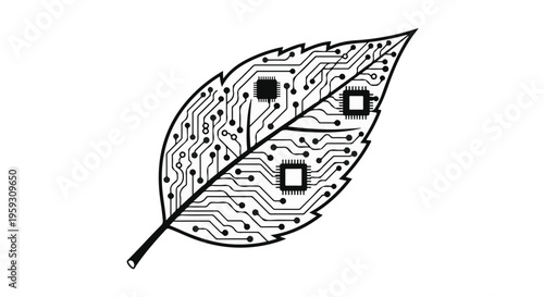 Innovative leaf design merging nature and technology with circuit board patterns.